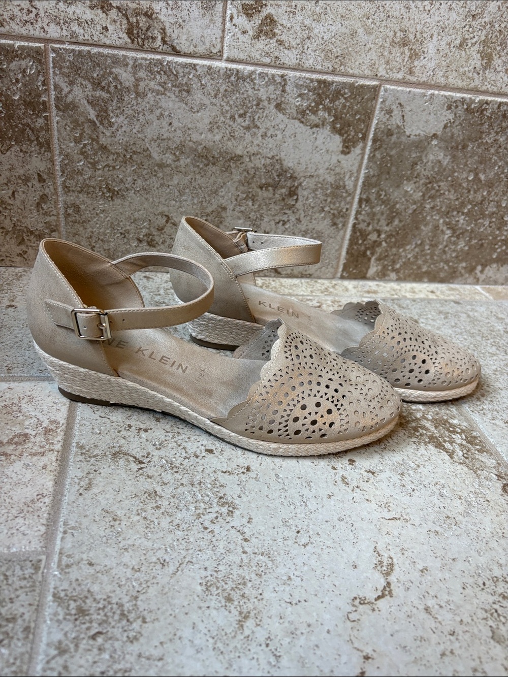 Anne Klein Beige Laser-Cut Ankle-Strap Espadrille Wedges